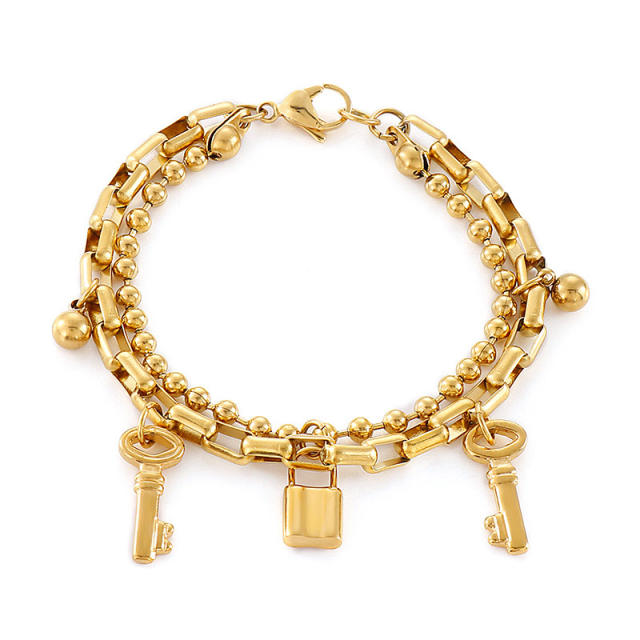 Creative two layer key padlock charm stainless steel chain bracelet
