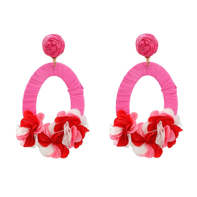 Boho beach design fabric flower traw drop shape earrings