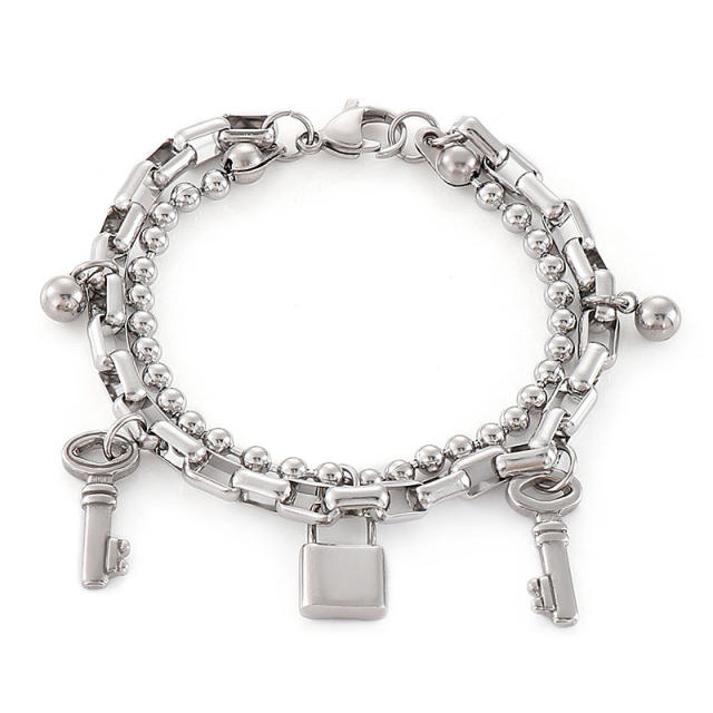Creative two layer key padlock charm stainless steel chain bracelet