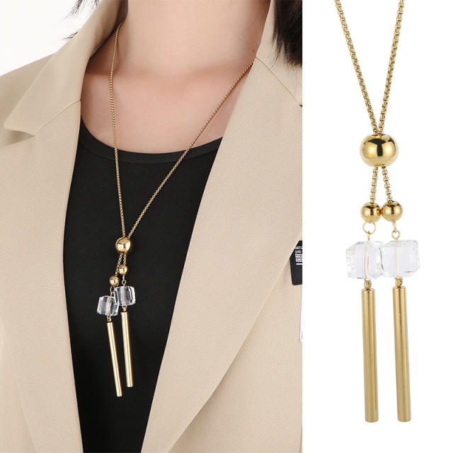Elegant crystal block pendant stainless steel long necklace sweater chain