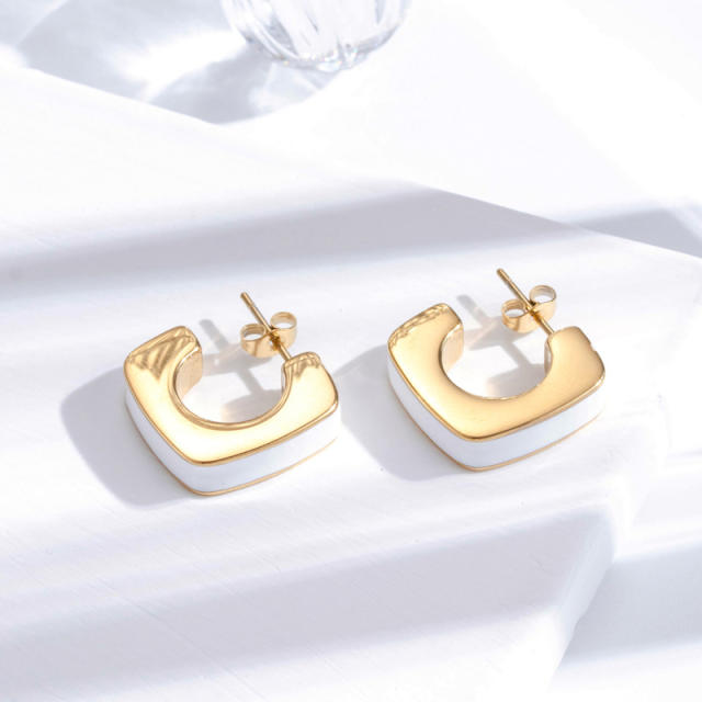 Concise white color enamel stainless steel earrings collection