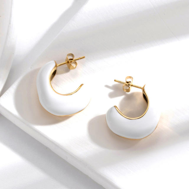 Concise white color enamel stainless steel earrings collection