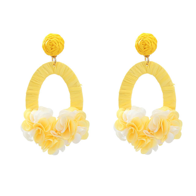 Boho beach design fabric flower traw drop shape earrings