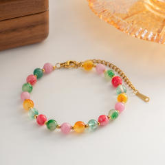 Colorful natural stone bead stainless steel bracelet for women