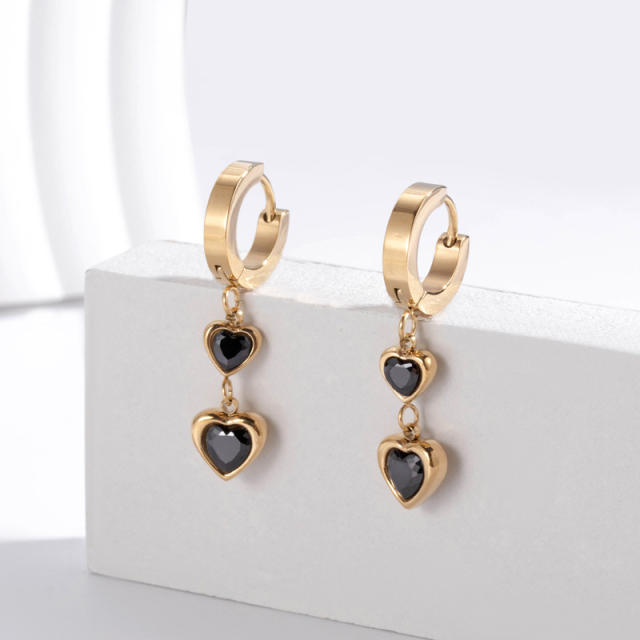 Elegant black cubic zircon heart block stainless steel huggie earrings