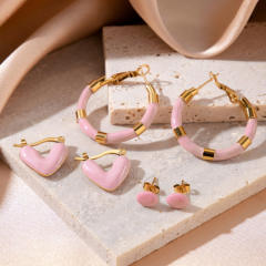 Korean fashion sweet pink enamel heart geometric stainless steel earrings collection