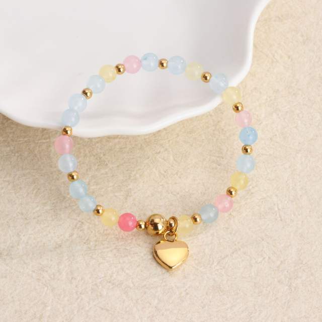 Colorful natural stone bead heart clover cross life tree charm elastic stainless steel bracelet