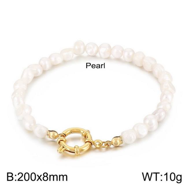 18K real gold plated bead pearl bead stainless steel bracelet