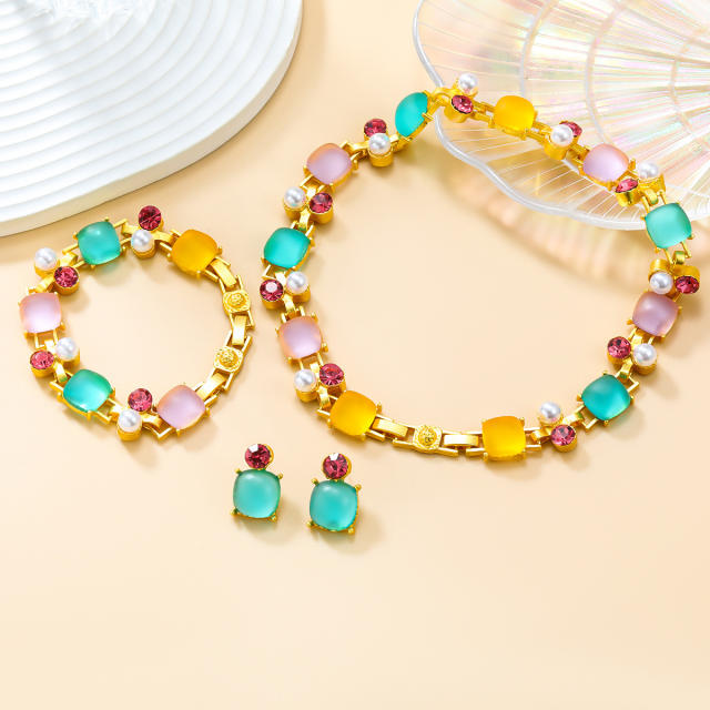 Fresh green pink color resin statement choker necklace bracelet earrings set