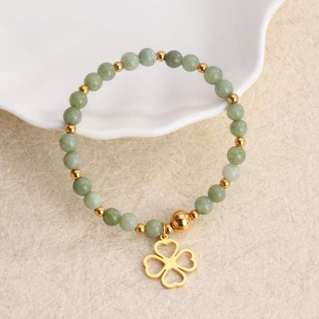 Colorful natural stone bead heart clover cross life tree charm elastic stainless steel bracelet