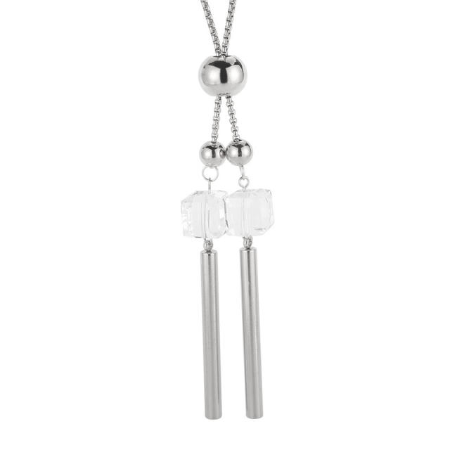 Elegant crystal block pendant stainless steel long necklace sweater chain