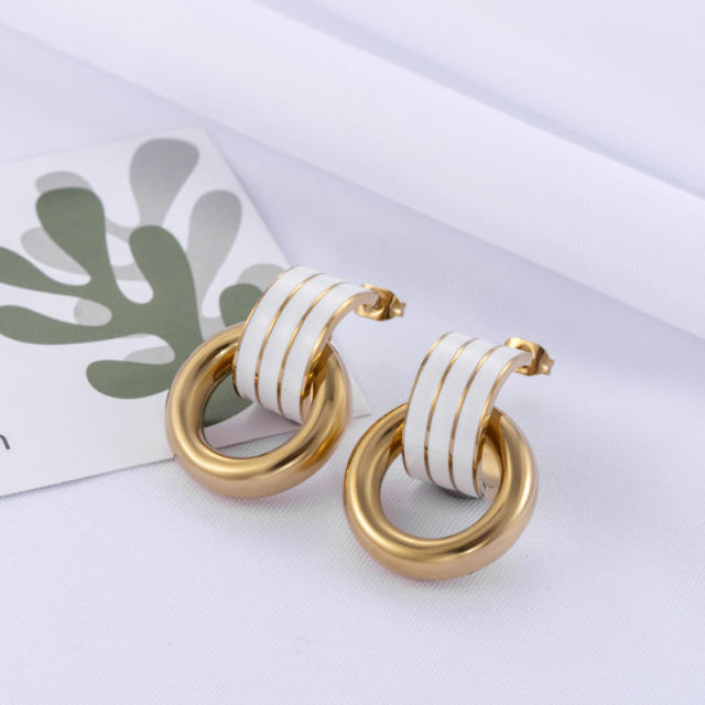 Concise white color enamel stainless steel earrings collection