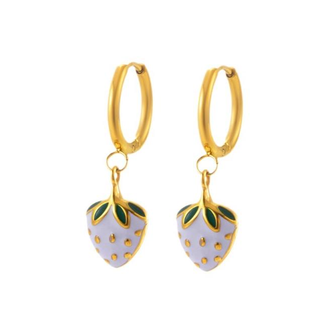 Sweet strawberry white enamel stainless steel earrings collection