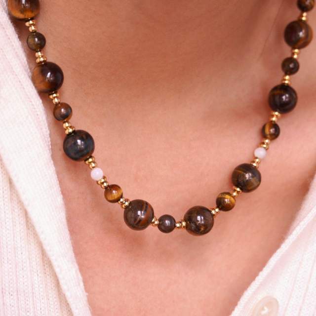 INS vintage fall color tiger eye bead stainless steel necklace