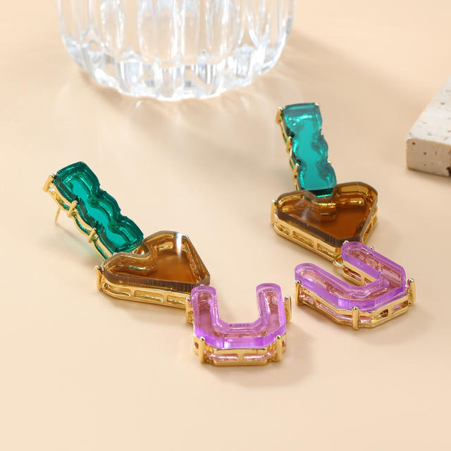 IOU letter heart shape colorful resin dangle earrings