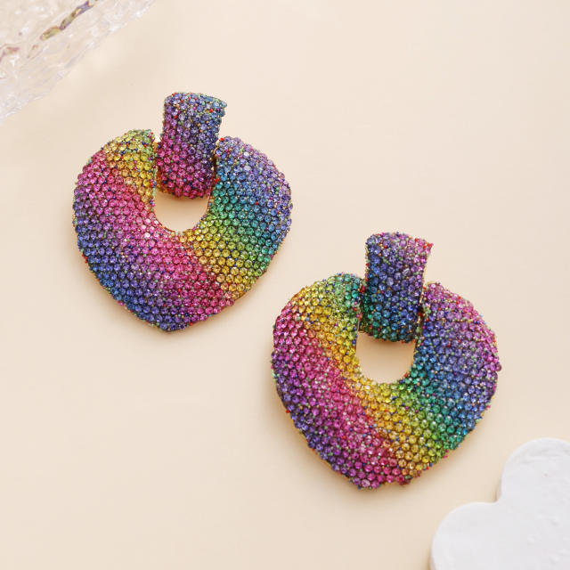 Delicate rainbow rhinestone diamond heart earrings