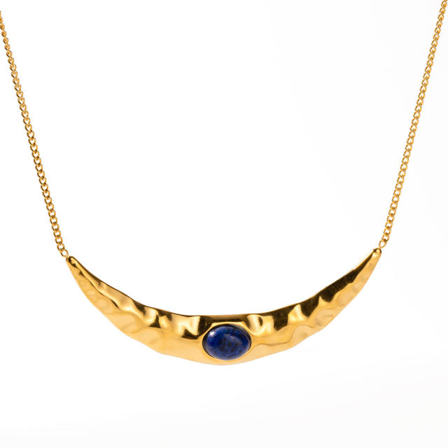 Vintage moon design lapis lazuli statement stainless steel necklace