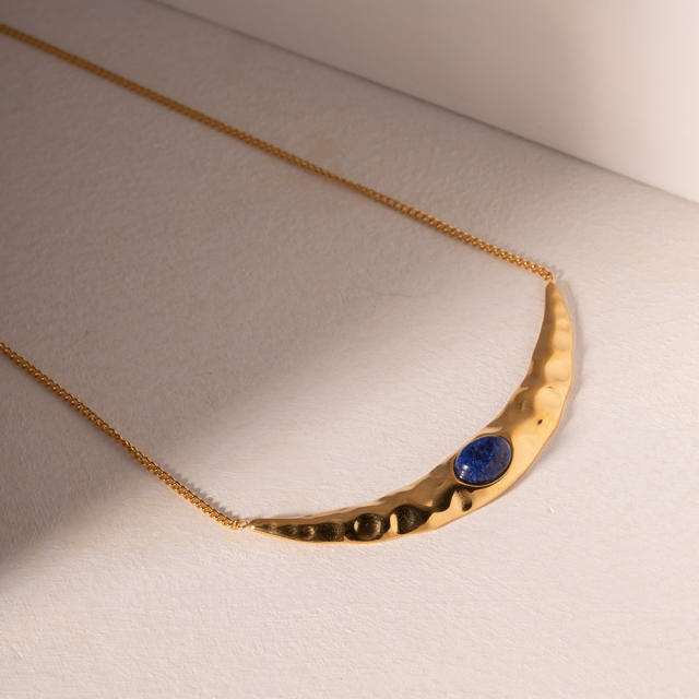 Vintage moon design lapis lazuli statement stainless steel necklace