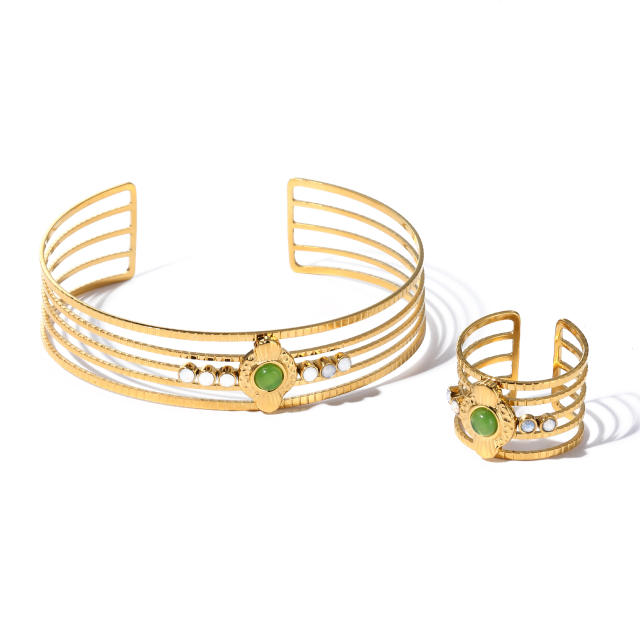 Hot sale emerald statement stainless steel cuff bangle rings set