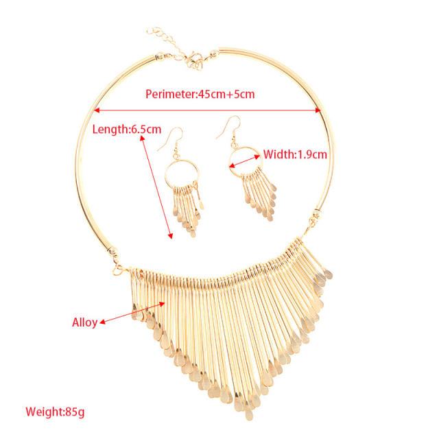 Personality gold silver color bar tassel choker necklace earrings set