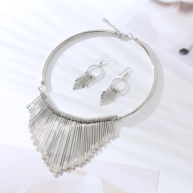 Personality gold silver color bar tassel choker necklace earrings set