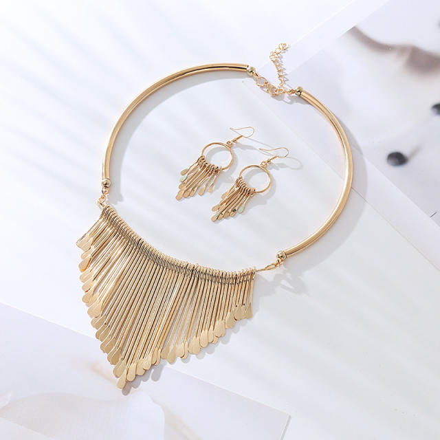 Personality gold silver color bar tassel choker necklace earrings set