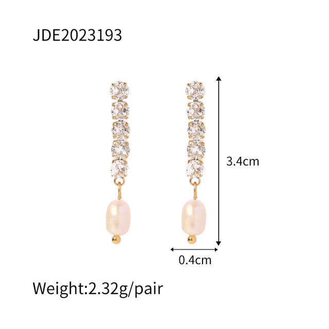 Delicate diamond pearl drop stainless steel earrings