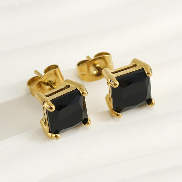 Basic square colorful cubic zircon stainless steel studs earrings