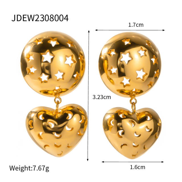 18KG gold plated hollow out heart ball bead chunky stainless steel earrings rings collection