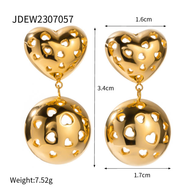 18KG gold plated hollow out heart ball bead chunky stainless steel earrings rings collection
