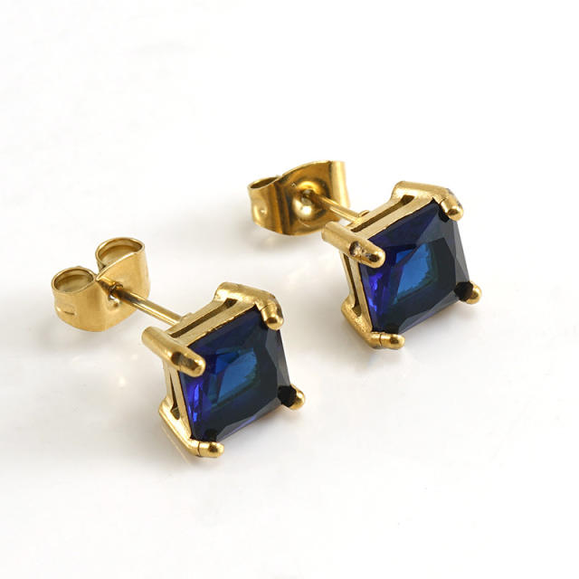 Basic square colorful cubic zircon stainless steel studs earrings