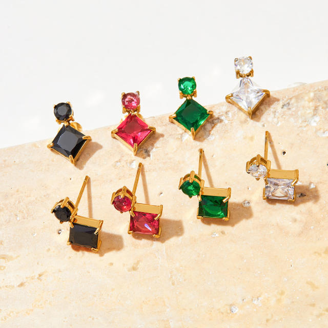 Chic colorful cubic zircon square shape stainless steel studs earrings