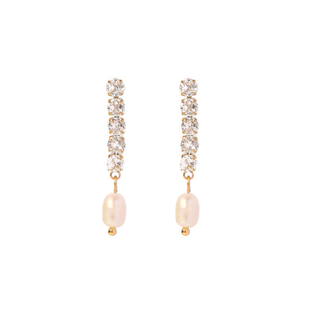 Delicate diamond pearl drop stainless steel earrings