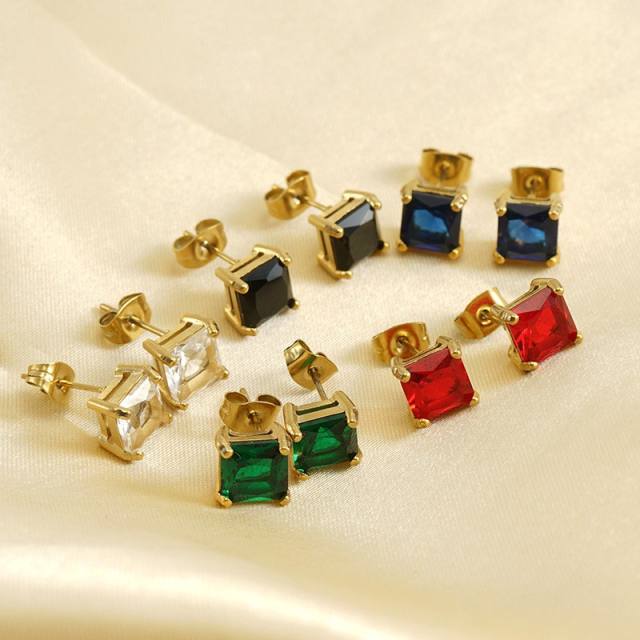 Basic square colorful cubic zircon stainless steel studs earrings