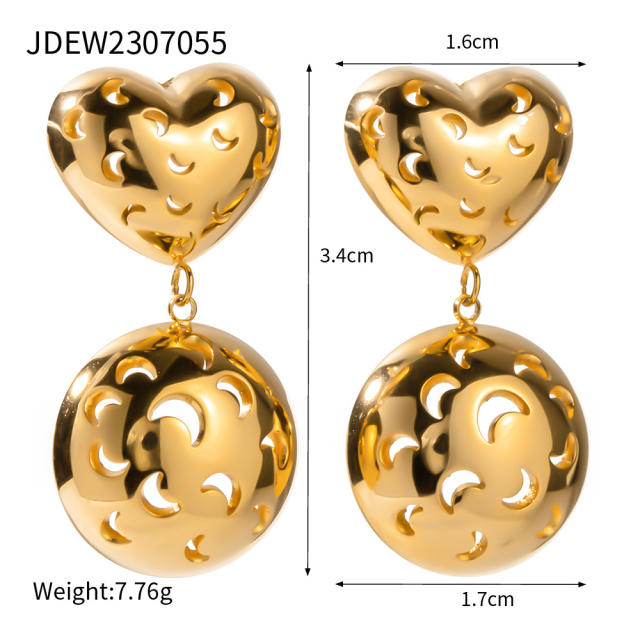 18KG gold plated hollow out heart ball bead chunky stainless steel earrings rings collection