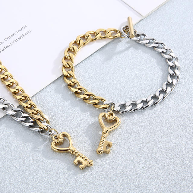 Vintage two tone cuban link chain key pendant stainless steel necklace bracelet set