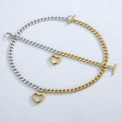 Chunky cuban link chain heart pendant two tone stainless steel necklace bracelet set