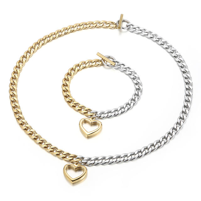 Chunky cuban link chain heart pendant two tone stainless steel necklace bracelet set