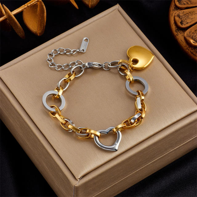 Personality two tone heart charm stainless steel chain bracelet