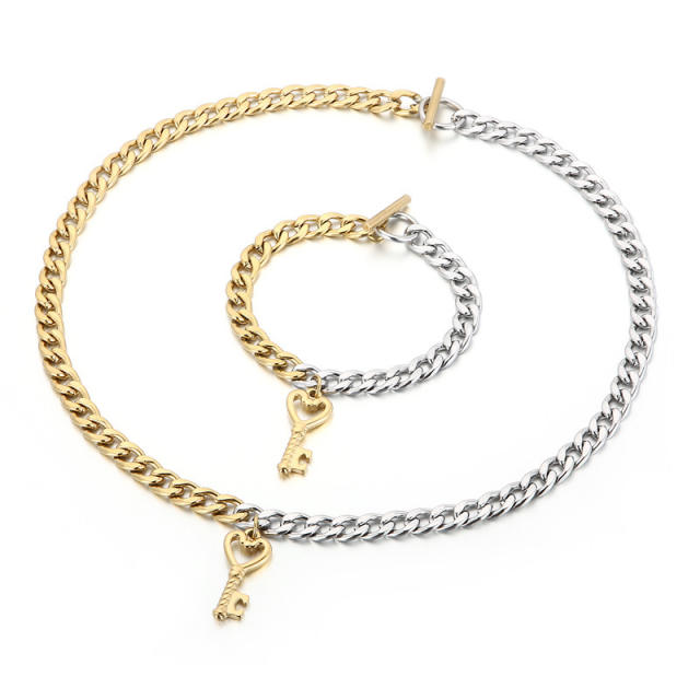 Vintage two tone cuban link chain key pendant stainless steel necklace bracelet set