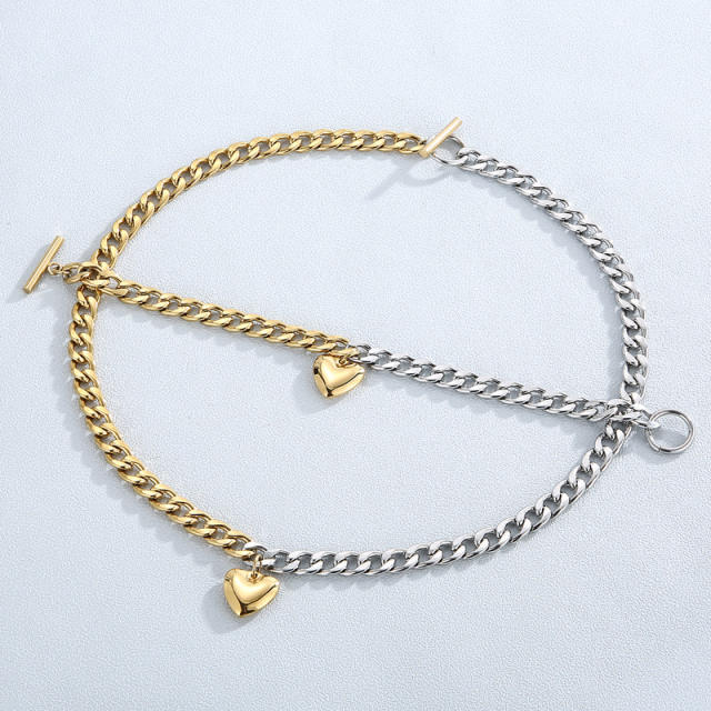 Toggle chain stainless steel two tone heart pendant necklace bracelet set