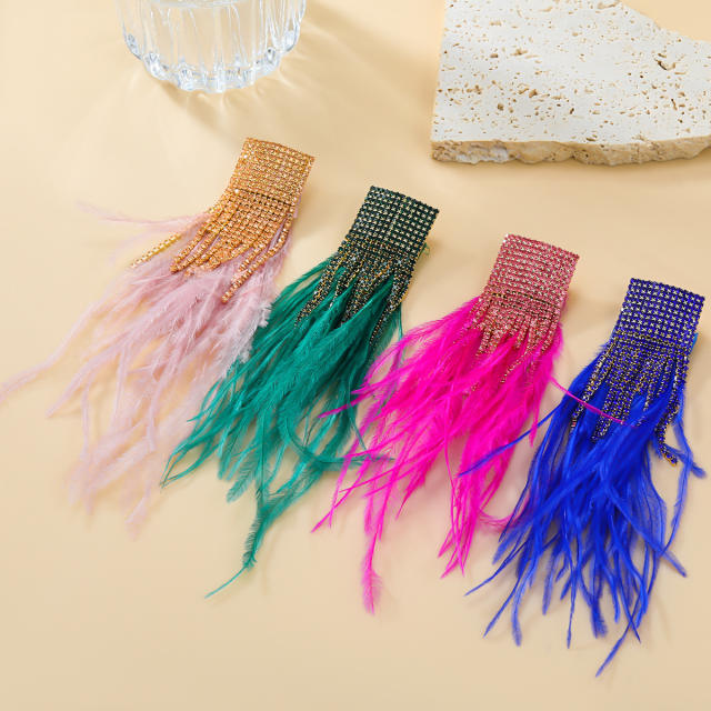 Boho winter colorful feather diamond tassel long earrings