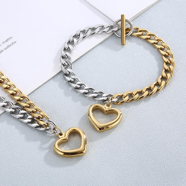 Chunky cuban link chain heart pendant two tone stainless steel necklace bracelet set