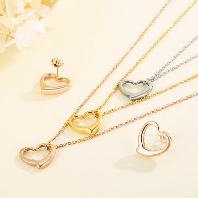 INS sweet hollow out heart three layer stainless steel necklace earrings set