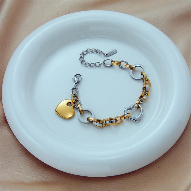 Personality two tone heart charm stainless steel chain bracelet