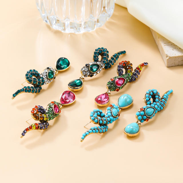 Vintage snake design color rhinestone drop earrings