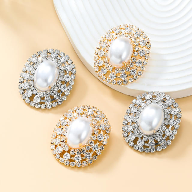 Delicate diamond pearl oval shape party proom studs earrings