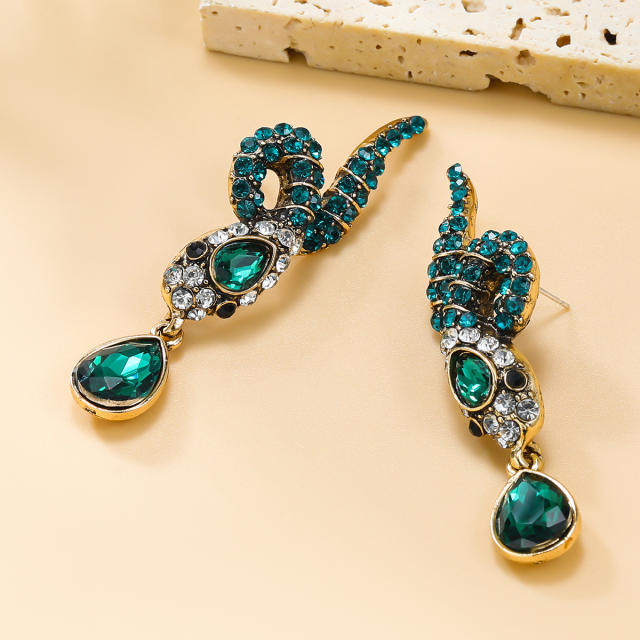 Vintage snake design color rhinestone drop earrings