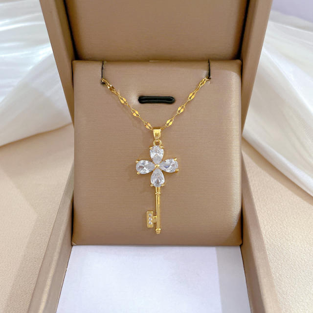 Dainty diamond keychain pendant stainless steel chain necklace