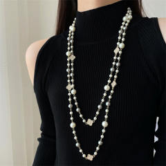 Winter autumn diamond clover pearl bead stainless steel sweater chain long necklace